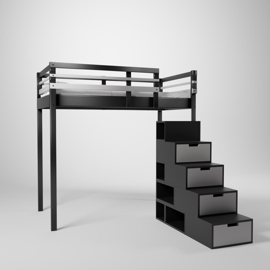 Lit surélevé présenté en 120x190. Cette mezzanine pour enfant/ado est accessible par un escalier cube de rangement.