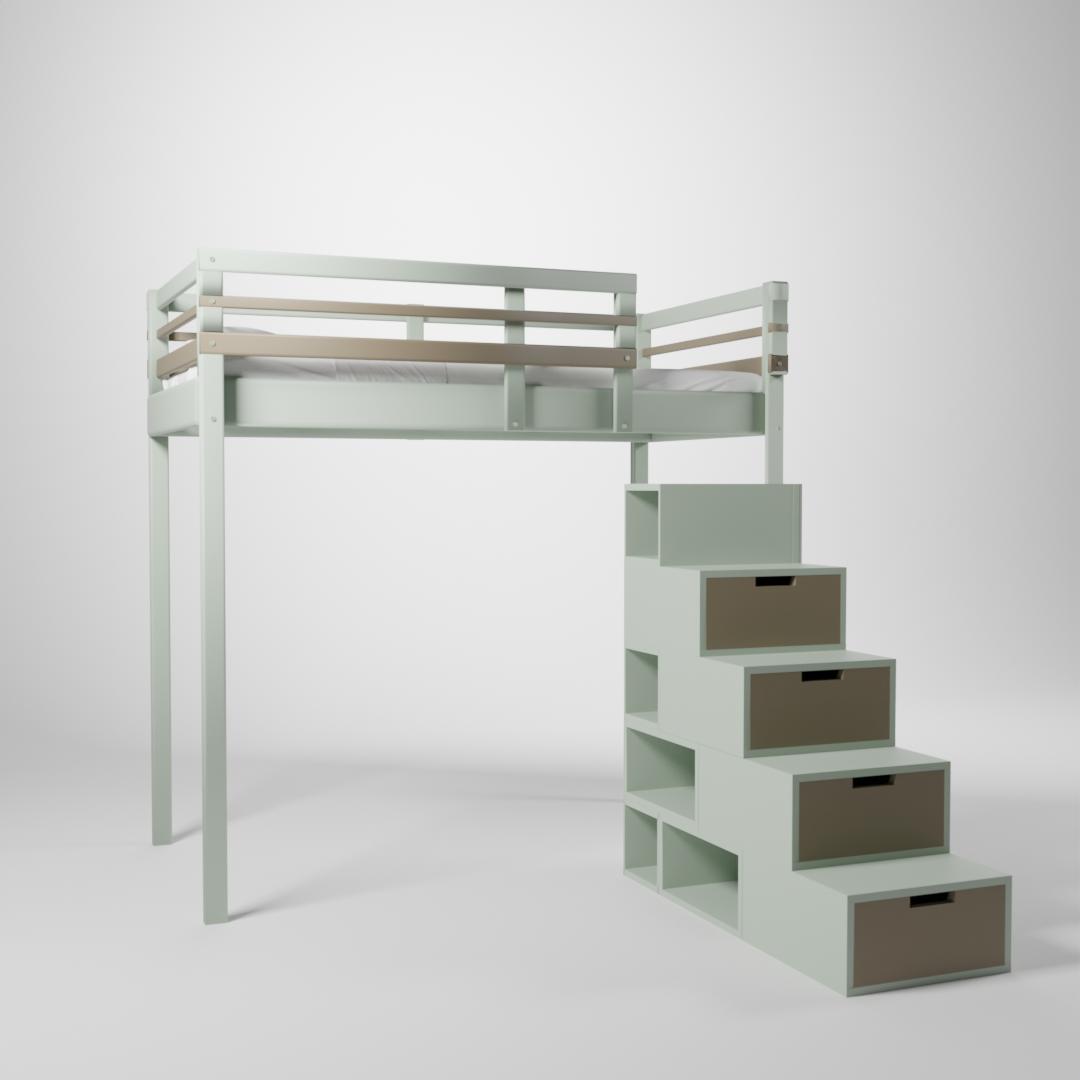 Lit surélevé présenté en 120x190. Cette mezzanine pour enfant/ado est accessible par un escalier cube de rangement.