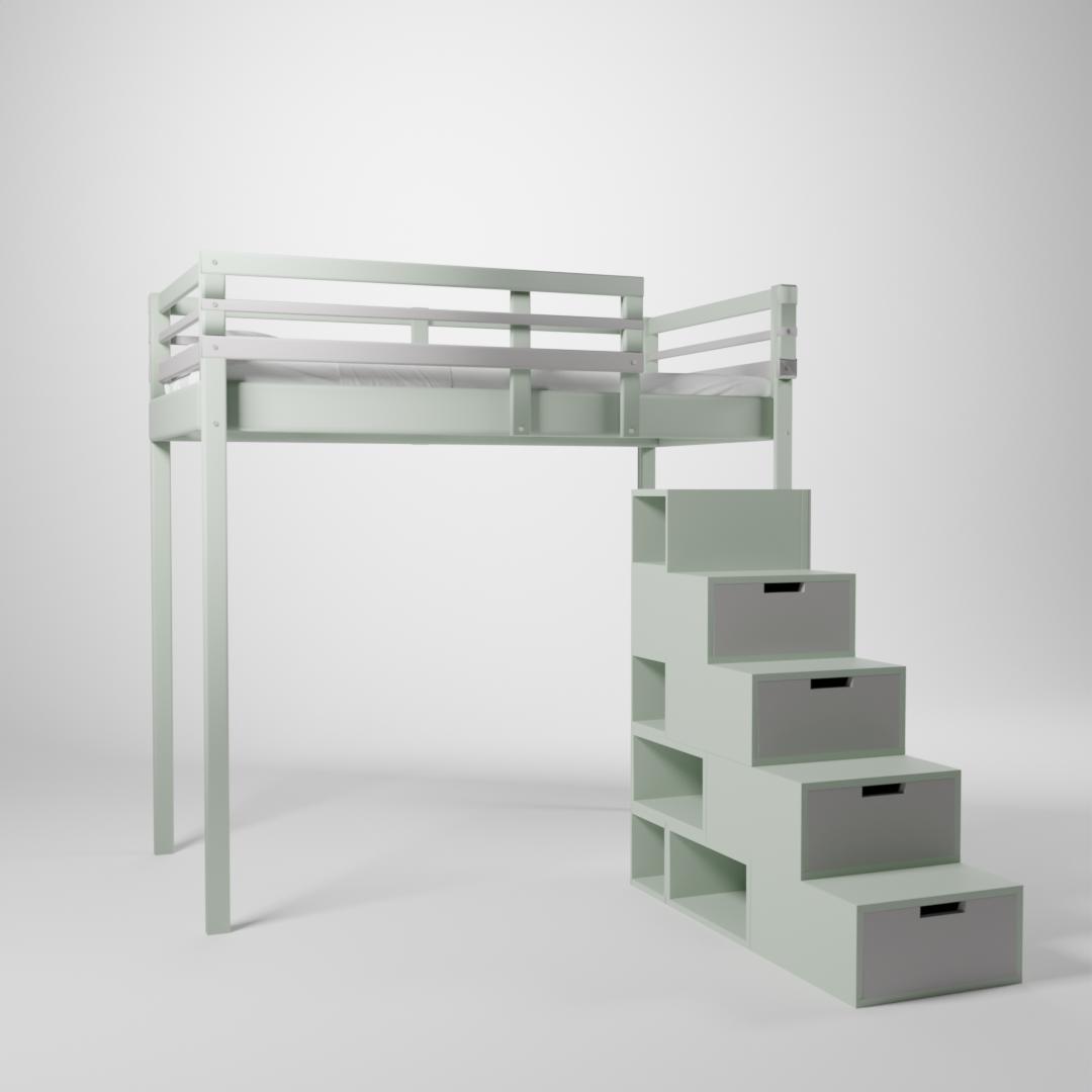 Lit surélevé présenté en 120x190. Cette mezzanine pour enfant/ado est accessible par un escalier cube de rangement.