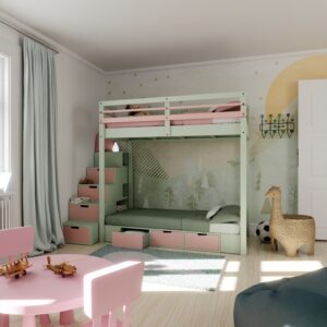 Ambiance de chambre d'enfant présentant un lit superposé mezzanine Jeune Urbaine avec son lit podium 3 tiroirs et son accès par escalier Brick it de rangement