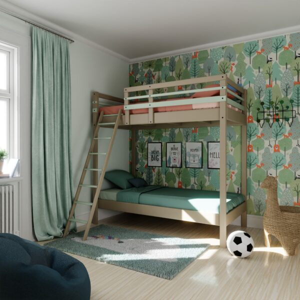 ambiance de chambre d'enfant avec un lit mezzanine superposé pour 2 couchages de 90x190 avec un accès sécurisé par échelle