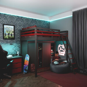 Chambre gaming d'ado avec mezzanine armoire