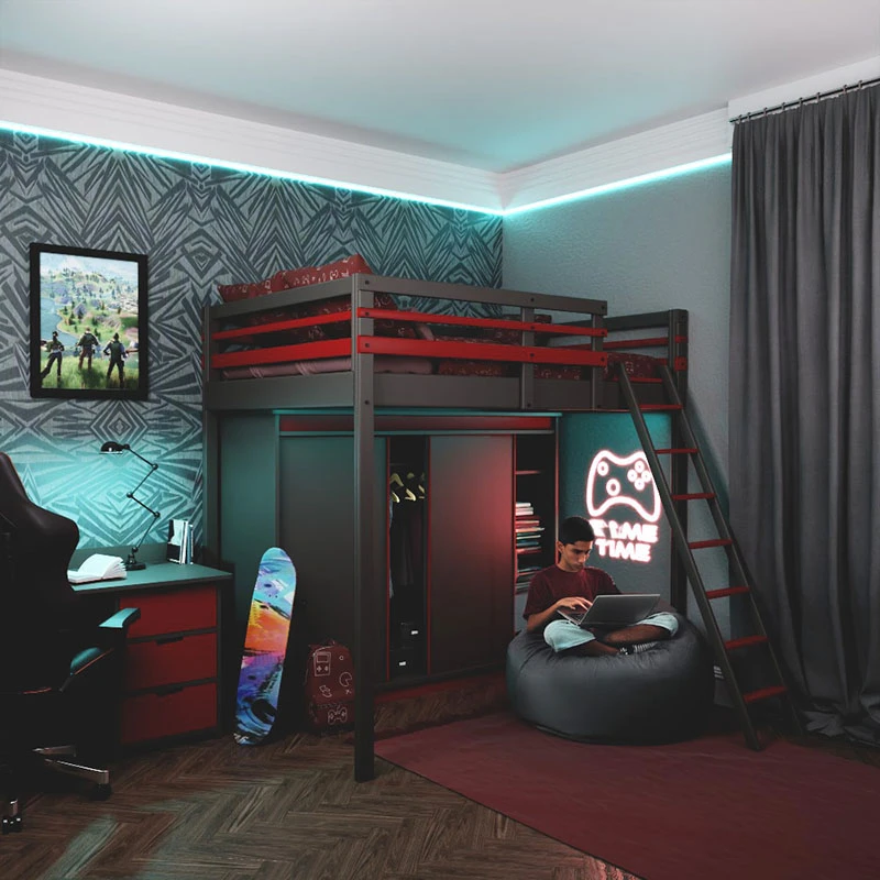 ambiance gaming d'une chambre d'ado avec un lit mezzanine Jeune Urbaine avec une grande armoire 4 portes coulissantes intégrée