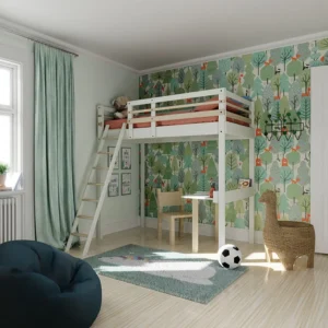 Ambiance d'une chambre d'enfant avec une mezzanine Jeune Urbaine accès échelle avec son petit bureau d'écolier intégré