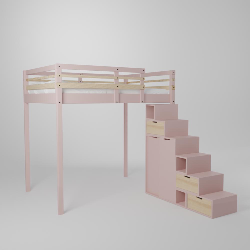 Ensemble mezzanine adulte ado en 140x190 avec son accès en escalier incluant une armoire