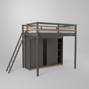 Lit mezzanine ado adulte avec grande armoire à 4 portes coulissantes intégrée et accès par échelle en bout