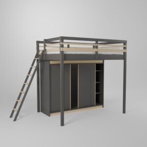 Lit mezzanine ado adulte avec grande armoire à 4 portes coulissantes intégrée et accès par échelle en bout