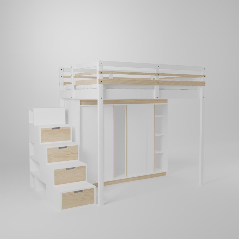 Lit mezzanine ado adulte avec grande armoire 4 portes coulissantes intégrée et accès par escalier de rangement en bout