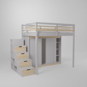 Lit mezzanine ado adulte avec grande armoire 4 portes coulissantes intégrée et accès par escalier de rangement en bout