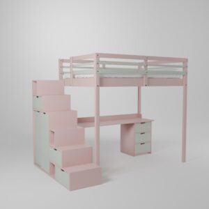 Lit mezzanine avec bureau et accès sécurisé escalier avec armoire intégrée