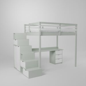 Lit mezzanine avec bureau et accès sécurisé escalier avec armoire intégrée
