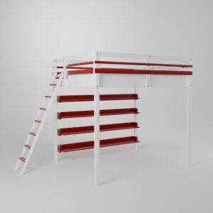 Lit mezzanine adulte ado en 140x190 avec étagères bibliothèque avec un accès sécurisée par échelle