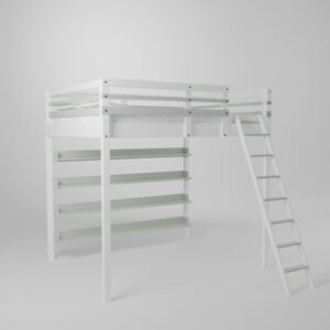 Lit mezzanine adulte ado en 140x190 avec étagères bibliothèque avec un accès sécurisée par échelle