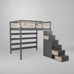 Lit mezzanine adulte ado en 140x190 avec étagères bibliothèque et escalier armoire