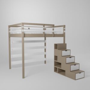 Lit mezzanine adulte ado en 140x190 avec étagères bibliothèque avec un escalier de rangement sécurisée