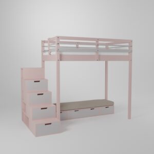 Ensemble mezzanine enfant ado en 90x190 avec son accès par escalier de rangement incluant une petite banquette cosy avec 3 tiroirs.