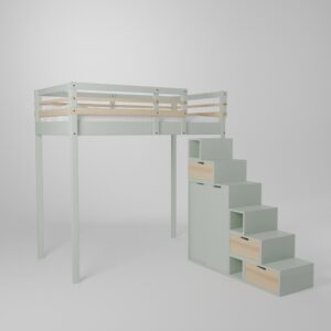 Ensemble mezzanine enfant ado en 90x190 avec son accès en escalier incluant une armoire