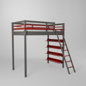 Lit mezzanine enfant en 90x190 avec étagères bibliothèque avec un accès sécurisée par échelle