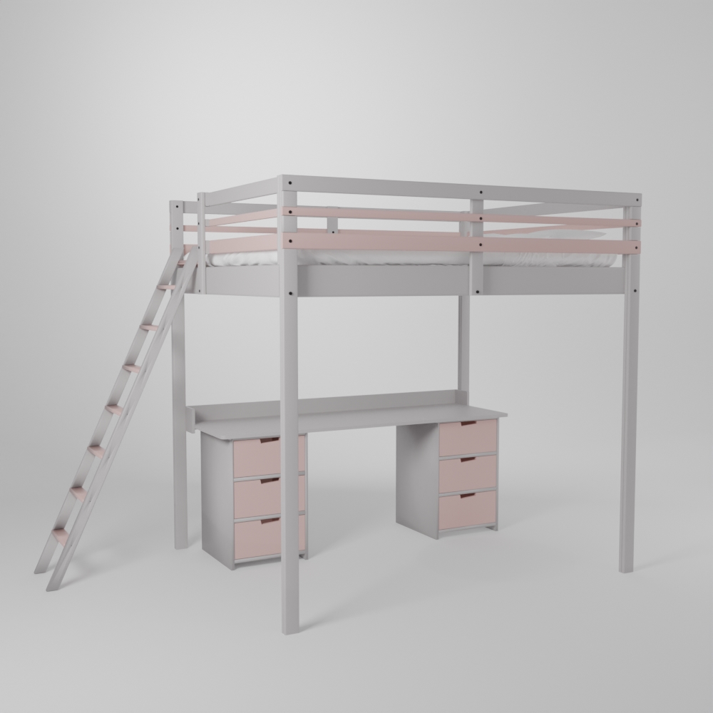 Lit mezzanine avec grand bureau et 2 blocs de rangement accès sécurisé par échelle