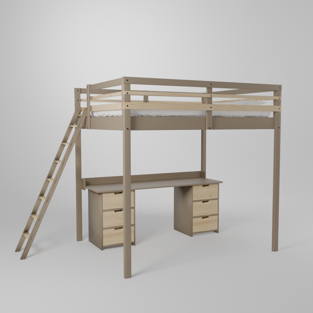 Lit mezzanine avec grand bureau et 2 blocs de rangement accès sécurisé par échelle pin naturel