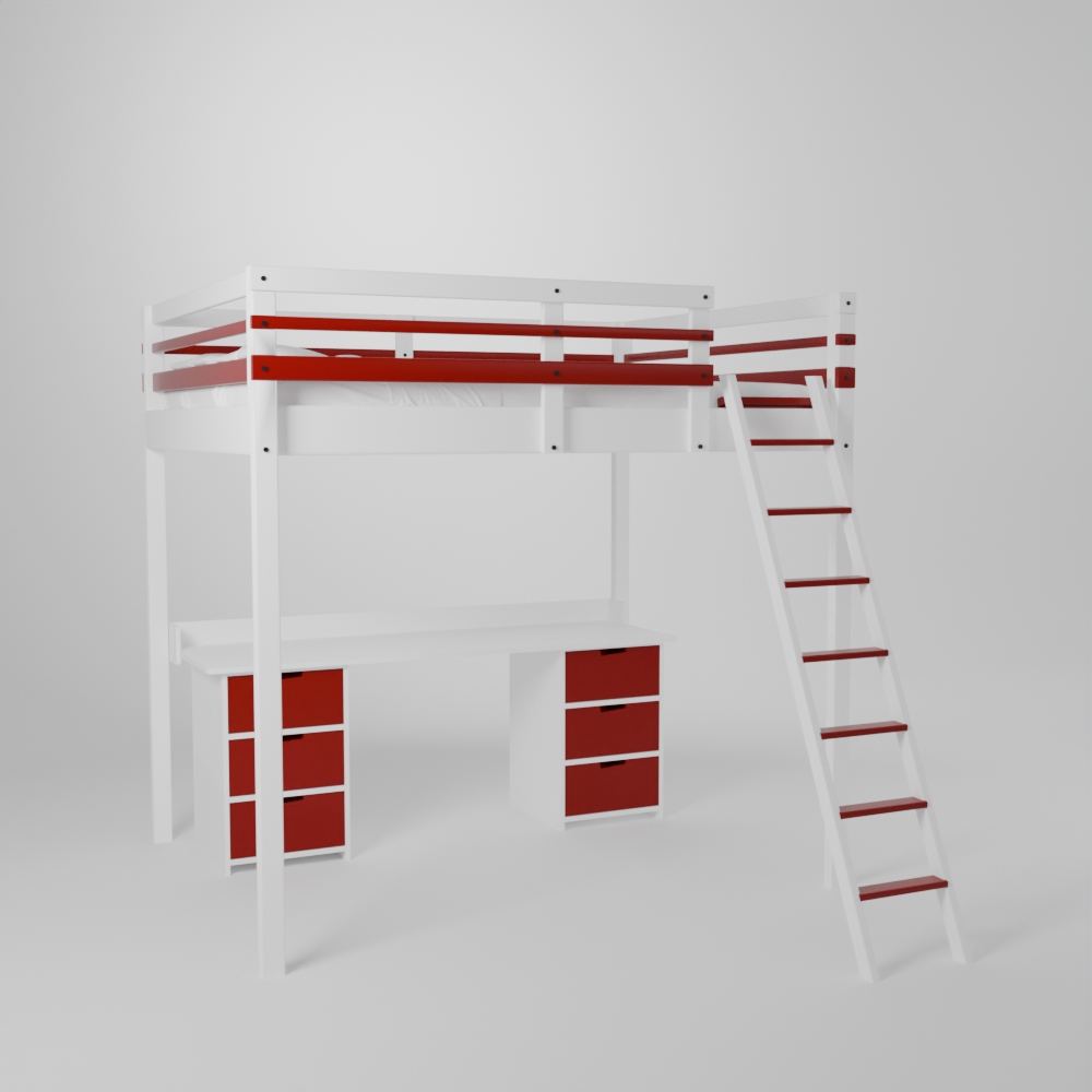 Lit mezzanine avec grand bureau et 2 blocs de rangement accès sécurisé par échelle