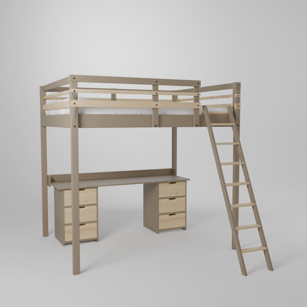 Lit mezzanine avec grand bureau et 2 blocs de rangement accès sécurisé par échelle Pin naturel