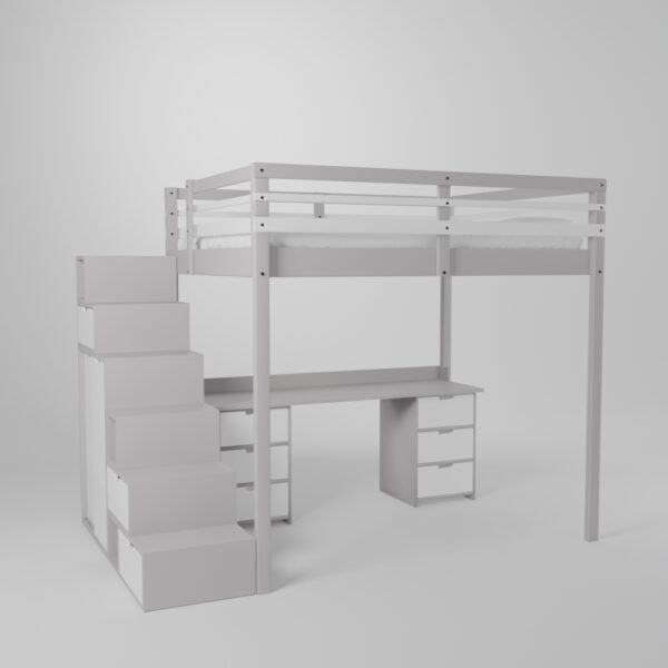 Lit mezzanine avec grand bureau et 2 blocs de rangement accès sécurisé par escalier avec armoire intégrée