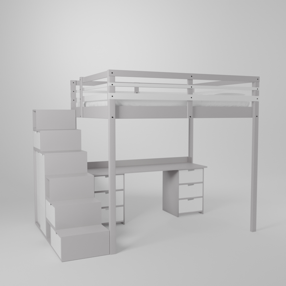 Lit mezzanine avec grand bureau et 2 blocs de rangement accès sécurisé par escalier avec armoire intégrée