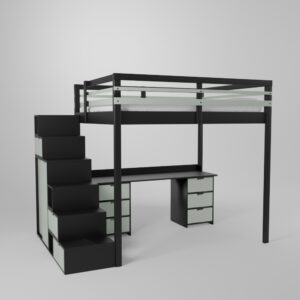 Lit mezzanine avec grand bureau et 2 blocs de rangement accès sécurisé par escalier avec armoire intégrée