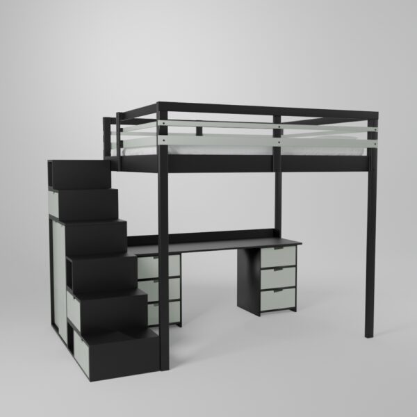 Lit mezzanine avec grand bureau et 2 blocs de rangement accès sécurisé par escalier avec armoire intégrée