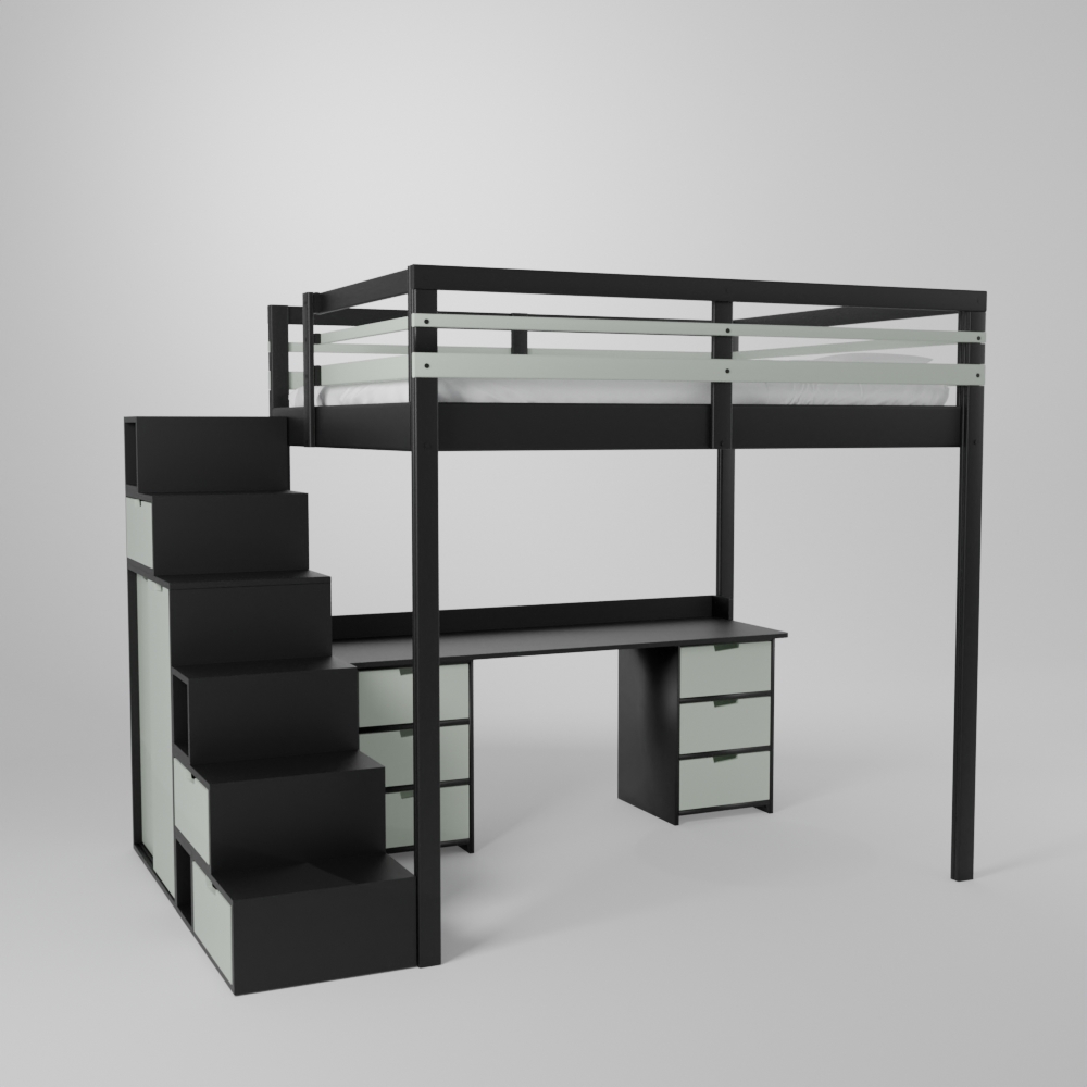 Lit mezzanine avec grand bureau et 2 blocs de rangement accès sécurisé par escalier avec armoire intégrée