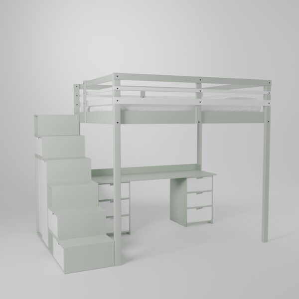 Lit mezzanine avec grand bureau et 2 blocs de rangement accès sécurisé par escalier avec armoire intégrée