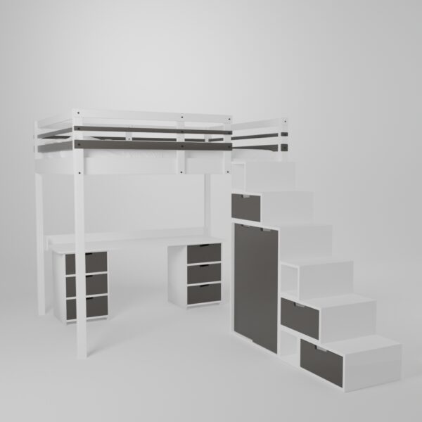 Lit mezzanine avec grand bureau et 2 blocs de rangement accès sécurisé par escalier avec armoire intégrée