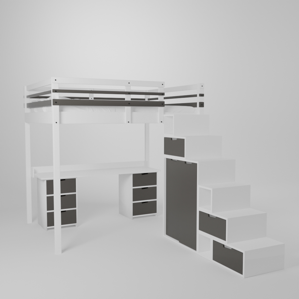 Lit mezzanine avec grand bureau et 2 blocs de rangement accès sécurisé par escalier avec armoire intégrée