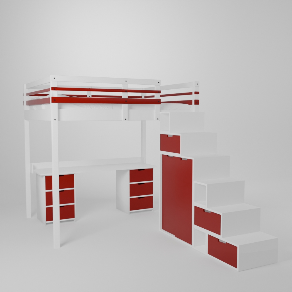 Lit mezzanine avec grand bureau et 2 blocs de rangement accès sécurisé par escalier avec armoire intégrée