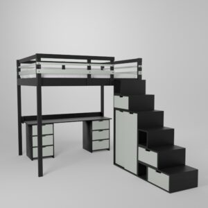 Lit mezzanine avec grand bureau et 2 blocs de rangement accès sécurisé par escalier avec armoire intégrée