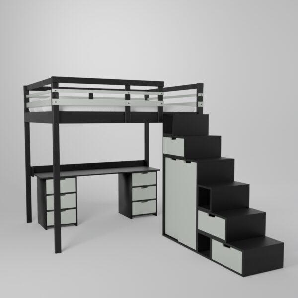 Lit mezzanine avec grand bureau et 2 blocs de rangement accès sécurisé par escalier avec armoire intégrée