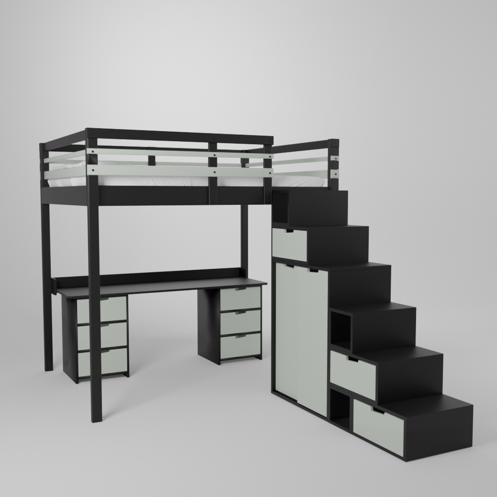 Lit mezzanine avec grand bureau et 2 blocs de rangement accès sécurisé par escalier avec armoire intégrée