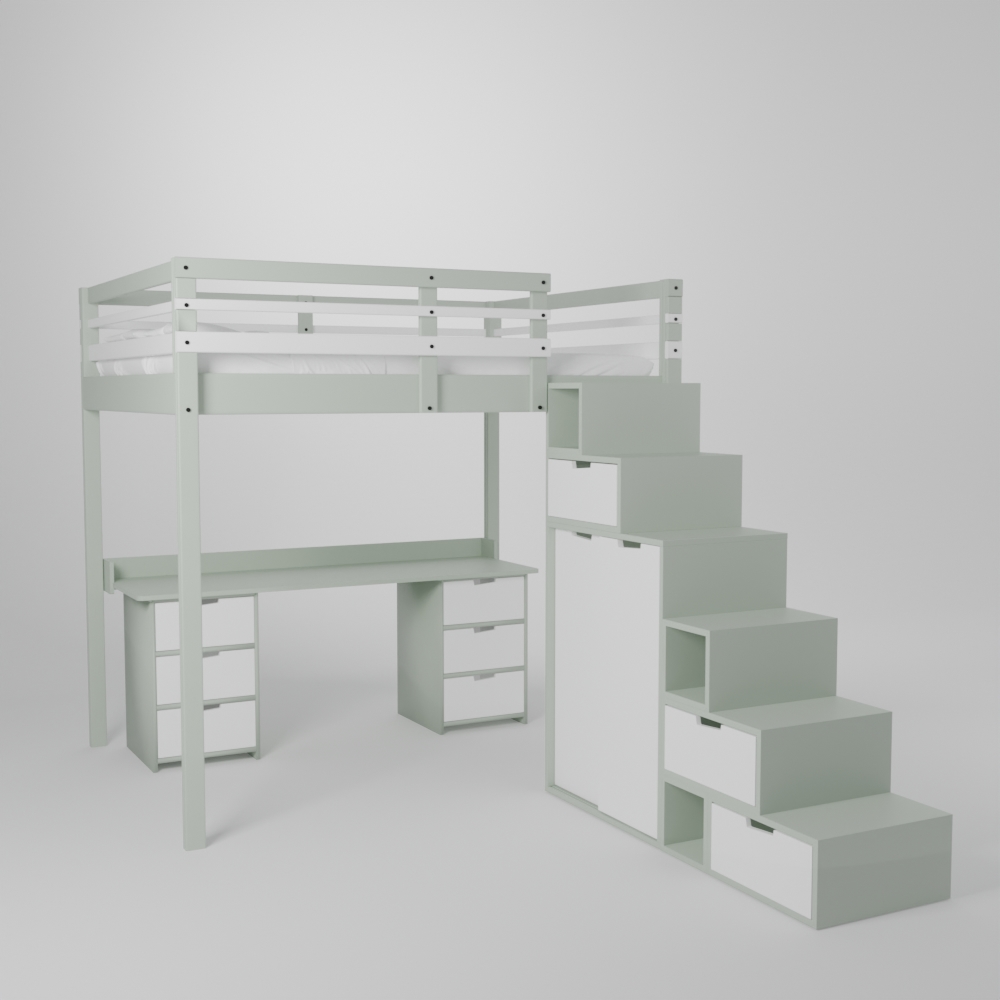 Lit mezzanine avec grand bureau et 2 blocs de rangement accès sécurisé par escalier avec armoire intégrée