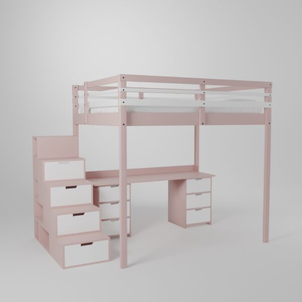 Lit mezzanine avec grand bureau et 2 blocs de rangement accès par escalier sécurisé