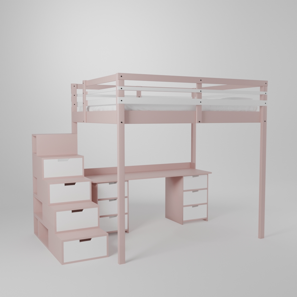 Lit mezzanine avec grand bureau et 2 blocs de rangement accès par escalier sécurisé