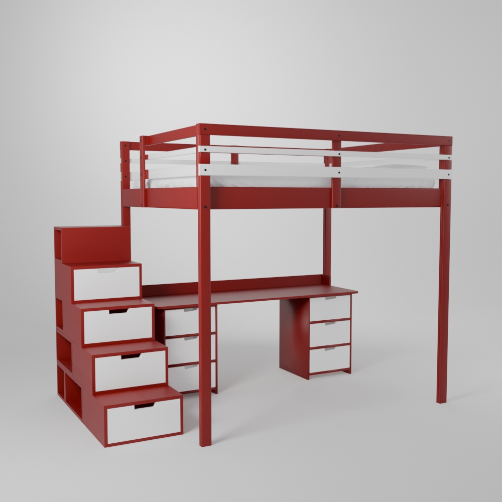 Lit mezzanine avec grand bureau et 2 blocs de rangement accès par escalier sécurisé