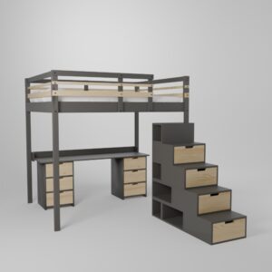 Lit mezzanine avec grand bureau et 2 blocs de rangement accès par escalier securisé