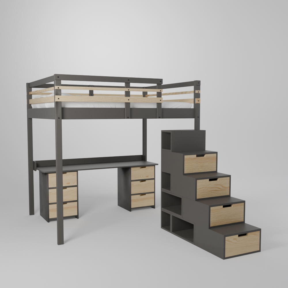 Lit mezzanine avec grand bureau et 2 blocs de rangement accès par escalier securisé