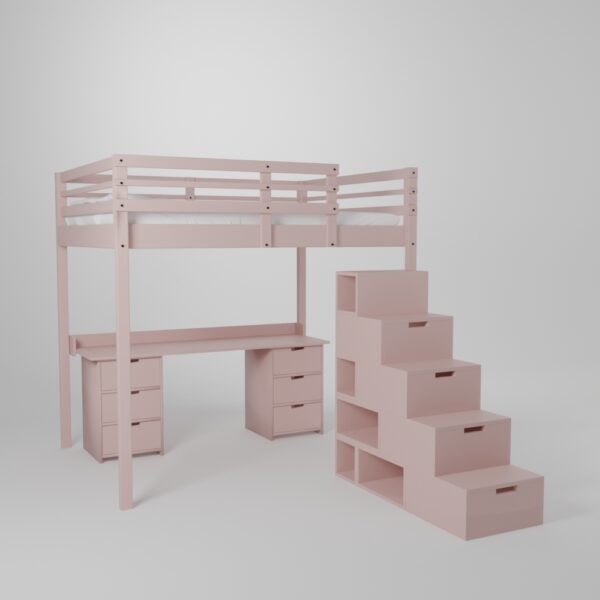 Lit mezzanine avec grand bureau et 2 blocs de rangement accès par escalier securisé