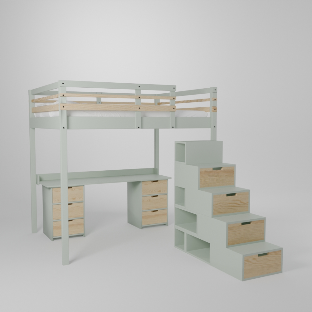 Lit mezzanine avec grand bureau et 2 blocs de rangement accès par escalier securisé