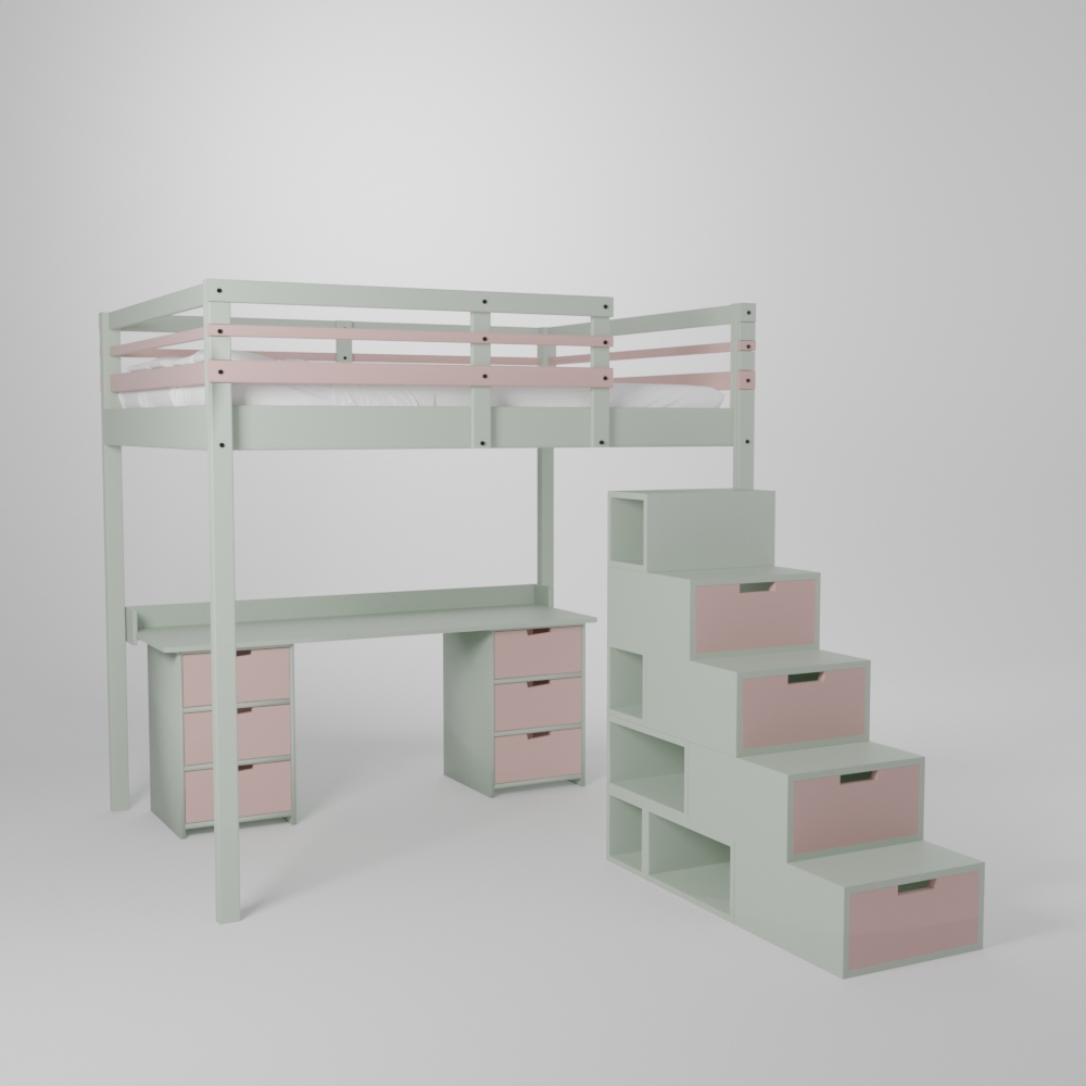 Lit mezzanine avec grand bureau et 2 blocs de rangement accès par escalier securisé