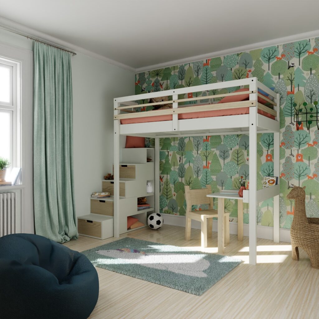 Chambre d'enfant avec mezzanine 90x190 accès par escalier de rangement sécurisé et son petit bureau d'écolier