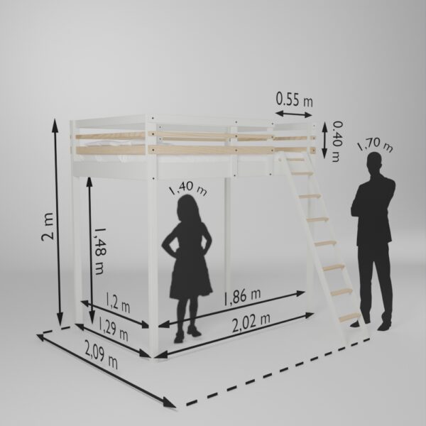 Fiche technique de la mezzanine Jeune urbaine en 120x190 avec son accès échelle de face