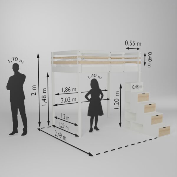 Fiche technique de la mezzanine Jeune urbaine en 120x190 avec son accès escalier Brick It de face